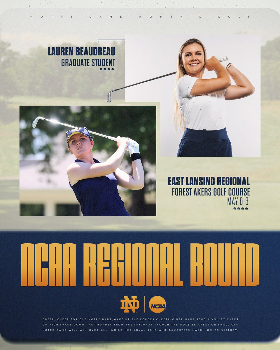 NCAA Regional bound! 
Congrats <a href="/LaurenBeaudreau/">Lauren Beaudreau</a>! 
Lauren is off to the East Lansing regional, May 6-8.

#GoIrish☘️