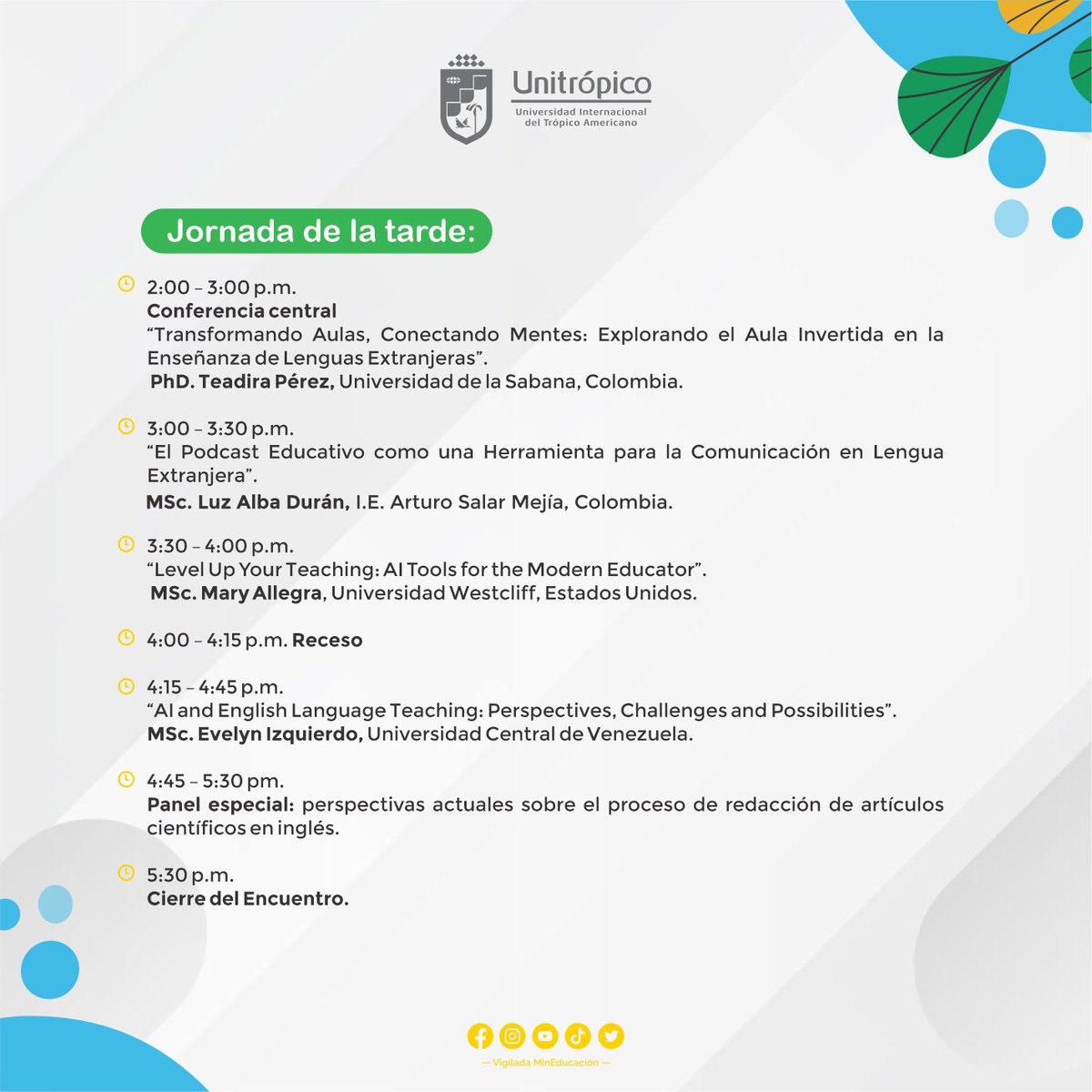 Invitados al Encuentro en Enseñanza del Inglés como Lengua Extranjera que se realizará en la <a href="/Unitropico/">Unitrópico</a> el 14 de mayo. Comparto el programa final y el link de inscripción para asistentes: forms.gle/d7cXzzFmaWUxM3…
