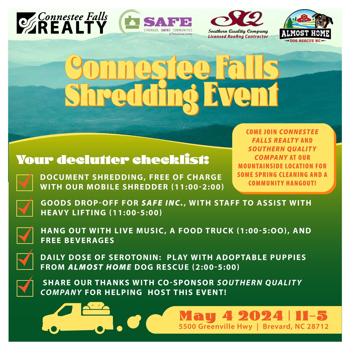 We are so excited to partner with Connestee Falls Realty for this day of shredding, donations, music, food, and more! Be sure to come out Saturday, May 4th!

#brevardnc #transylvaniacounty