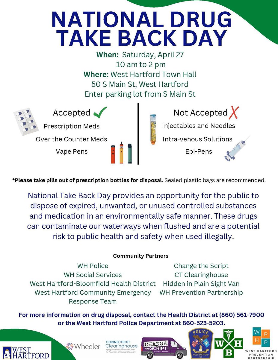 Drug Take Back Day is this Saturday, April 27, from 10am - 2pm at West Hartford Town . Also check out two activities great for parents/caregivers:
(1)Hidden in Plain Sight - how to identify spot vaping &amp; drug paraphernalia for adults ages 23 and up &amp; (2) Narcan Training