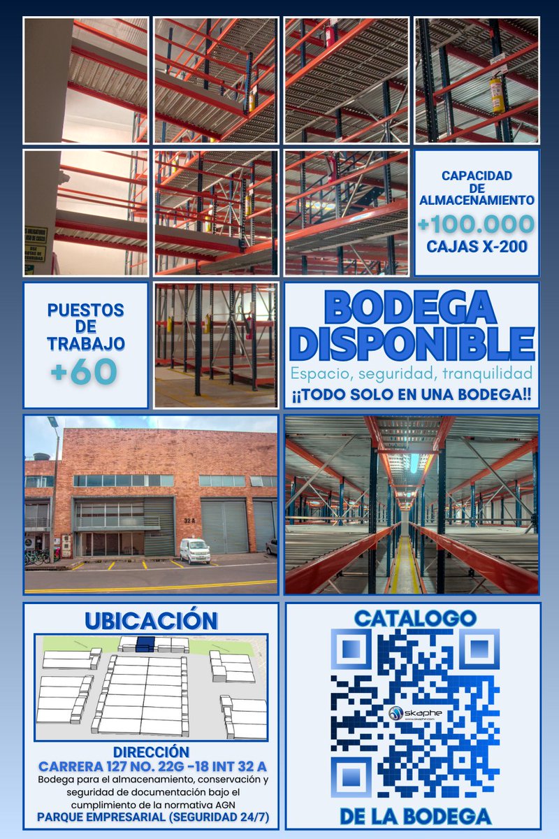 SkapheTech's tweet photo. Ofrecemos espacio, seguridad y tranquilidad !TODO EN UNA SOLA BODEGA! si estas interesado(a) escanea el QR para conocer el catálogo del espacio

#nuestramejorutilidadunexcelenteservicio #bodegasdearchivo #custodia #AGN #arriendo #bodegas #disponible #inmuebles #bogota https://t.co/QoE3bxUBW2