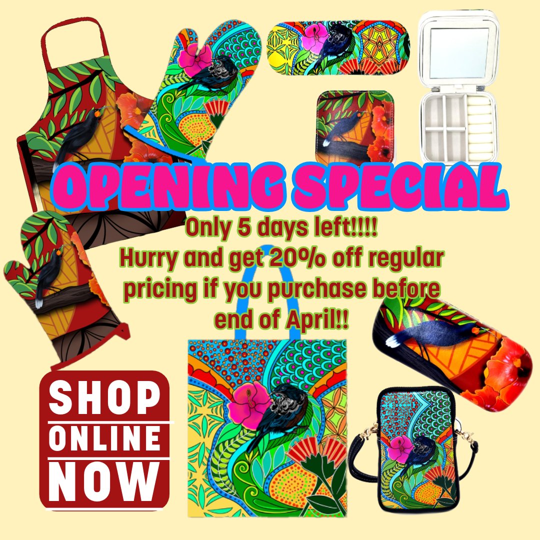 ONLY 5 DAYS LEFT!! My opening special ends 30 April, so head on over to my website and put your order in now to receive a 20% discount on all items!!

#onlineshop #discount #openingspecial #art #creative