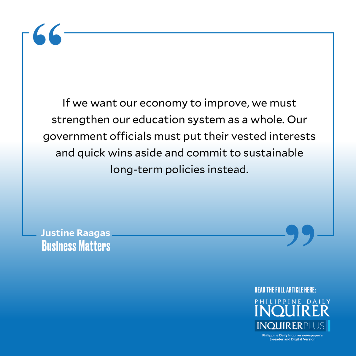 Today's #BusinessMatters by Justine Raagas (April 25, 2024).
 
Visit opinion.inquirer.net for fearless views and more.
Get the Inquirer here: fb.com/inqplus