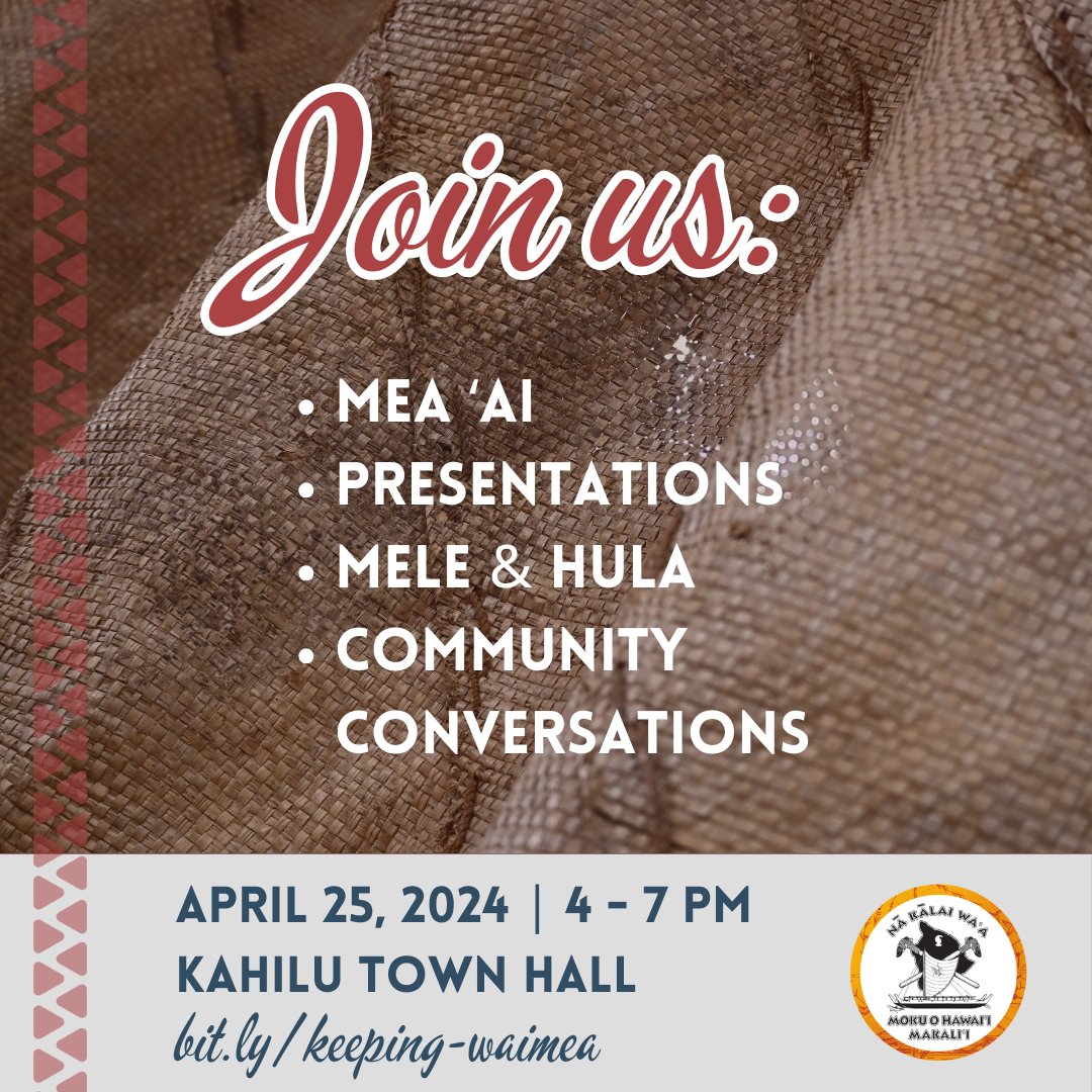 Tomorrow! Mahalo and celebrate organizations that have made valuable contributions to the community by perpetuating the culture, traditions, and heritage of Waimea. Enjoy food, music, and hula. You’ll also learn how you can get involved with the Waimea Community Weaving Hui to…