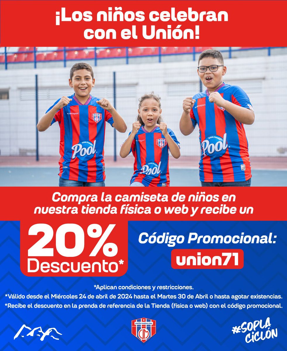 🥳🙌🏻¡Los niños celebran con el Unión!🔵🔴🌪️

🛍️Compra la camiseta de niños en nuestra tienda física o web y recibe un 20% de descuento con el código promocional: union71👌🏻.

Link: unionmagdalena.co/product/camise…

¡Todos somos Unión!

*Aplican condiciones y restricciones.