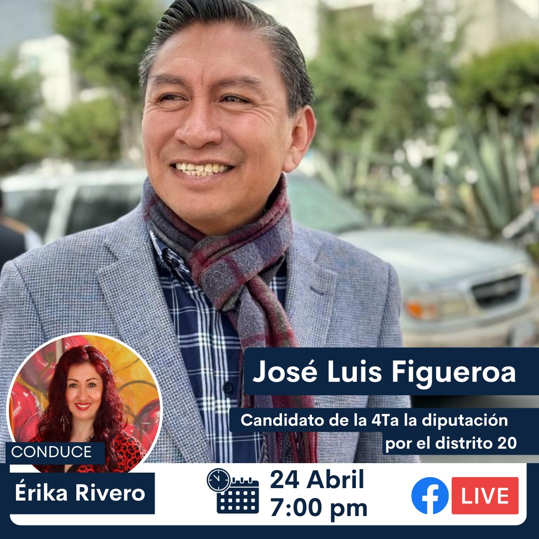 La 4T en la competencia por la alcaldía de Puebla Hoy en #LosConjurados tenemos una entrevista con José Luis Figueroa, candidato de la #4T a la diputación por el distrito 20 ⏰ En punto de las 7:00 pm 📷 Por #FacebookLive Conduce: Erika Rivero