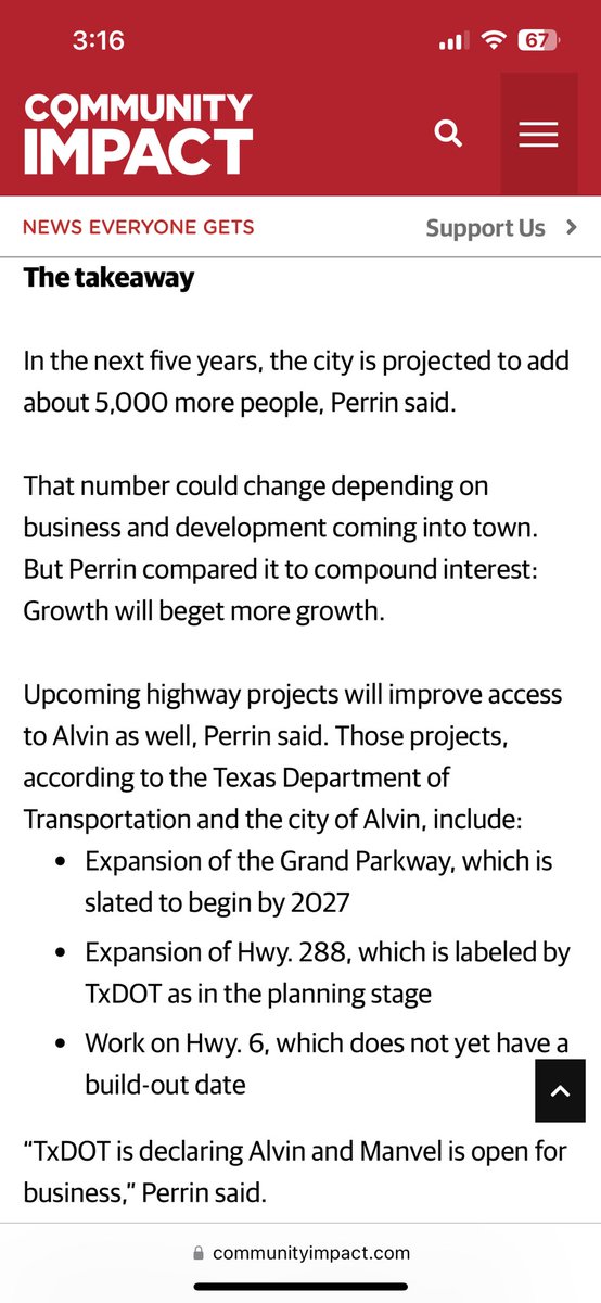 Why Alvin, TX? -9,000 new homes being built -Growing tax and business base -@AlvinHSJackets and @AlvinISD -Hwy. 6, Hwy. 288, and soon Grand Parkway “‘The sky's the limit. If you want to be a city like The Woodlands, you could do it.’” #ComeToAlvin communityimpact.com/houston/pearla…