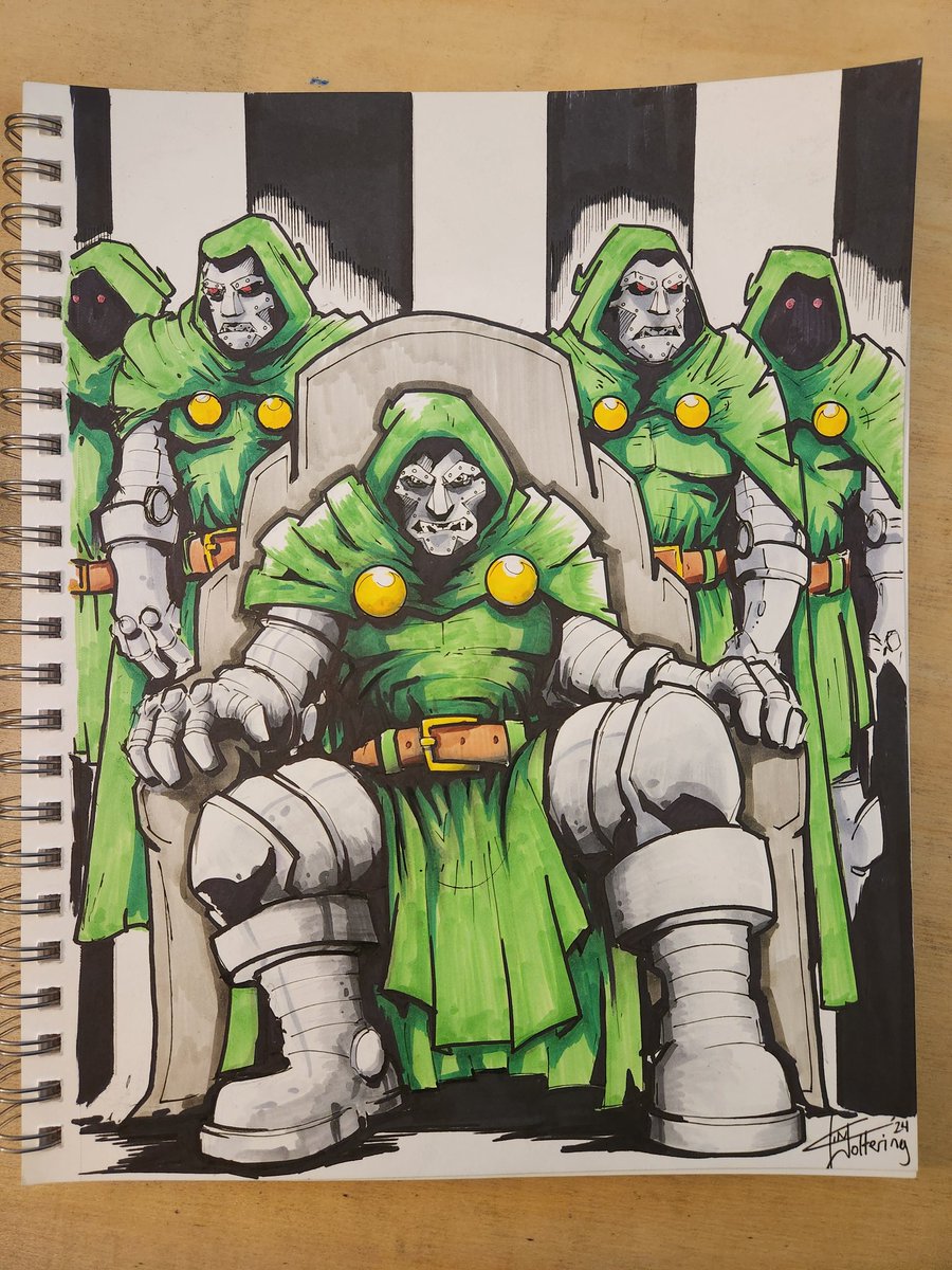 Live on #Twitch! Finished a drawing of #DoctorDoom and his doombots last night. #sketchbook #traditionalart #micronpen #sharpiemarkers #copicmarkers 

twitch.tv/woltering