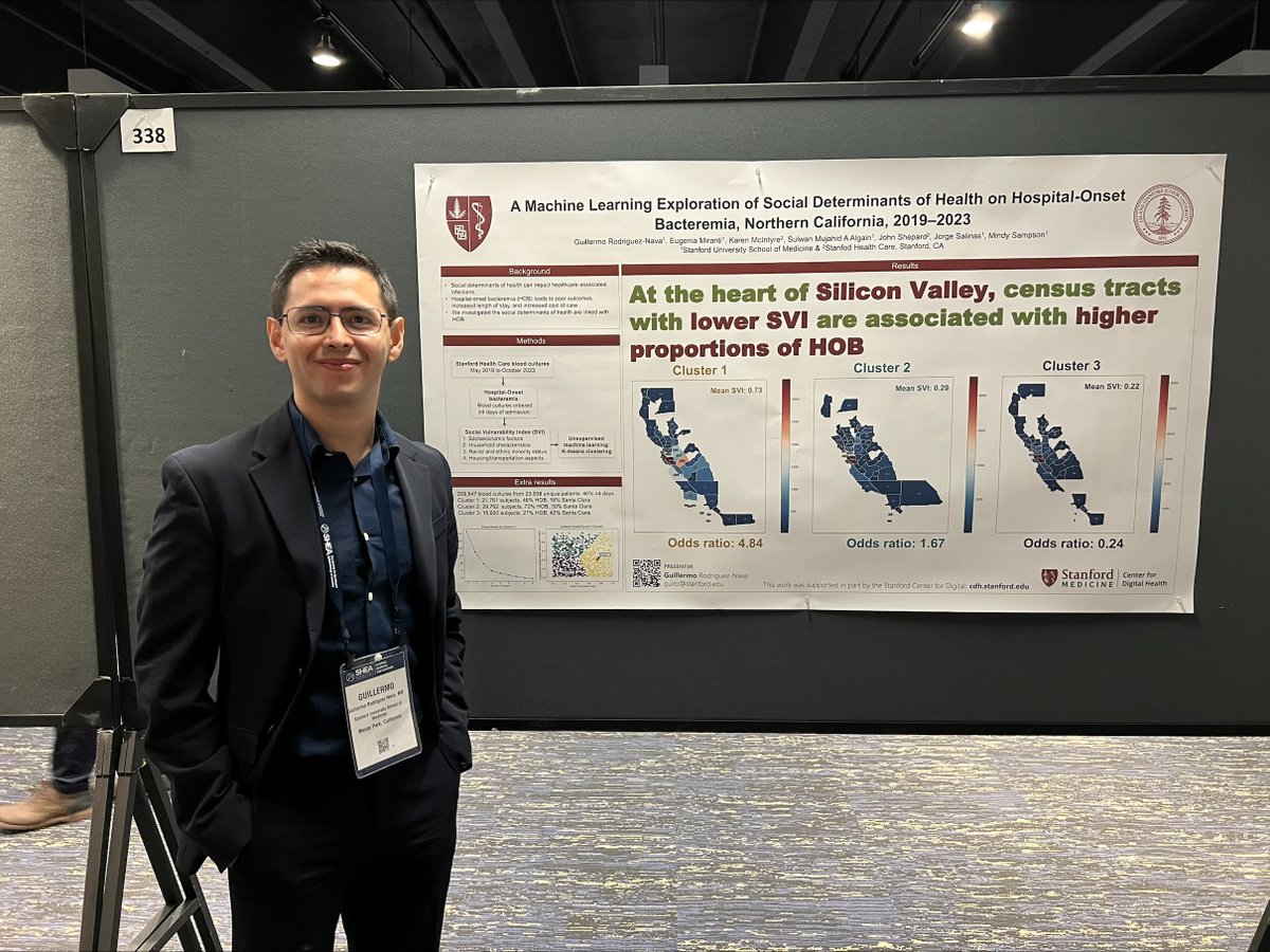 At @SHEA_Epi's #SHEASpring2024, Stanford CDH Travel Award Recipient @G_ROD_11s presented his work, 'A #MachineLearning Exploration of #SocialDeterminantsofHealth & Hospital-Onset Bacteremia, Northern California, 2019–2023.' Love to see our awardees in action!