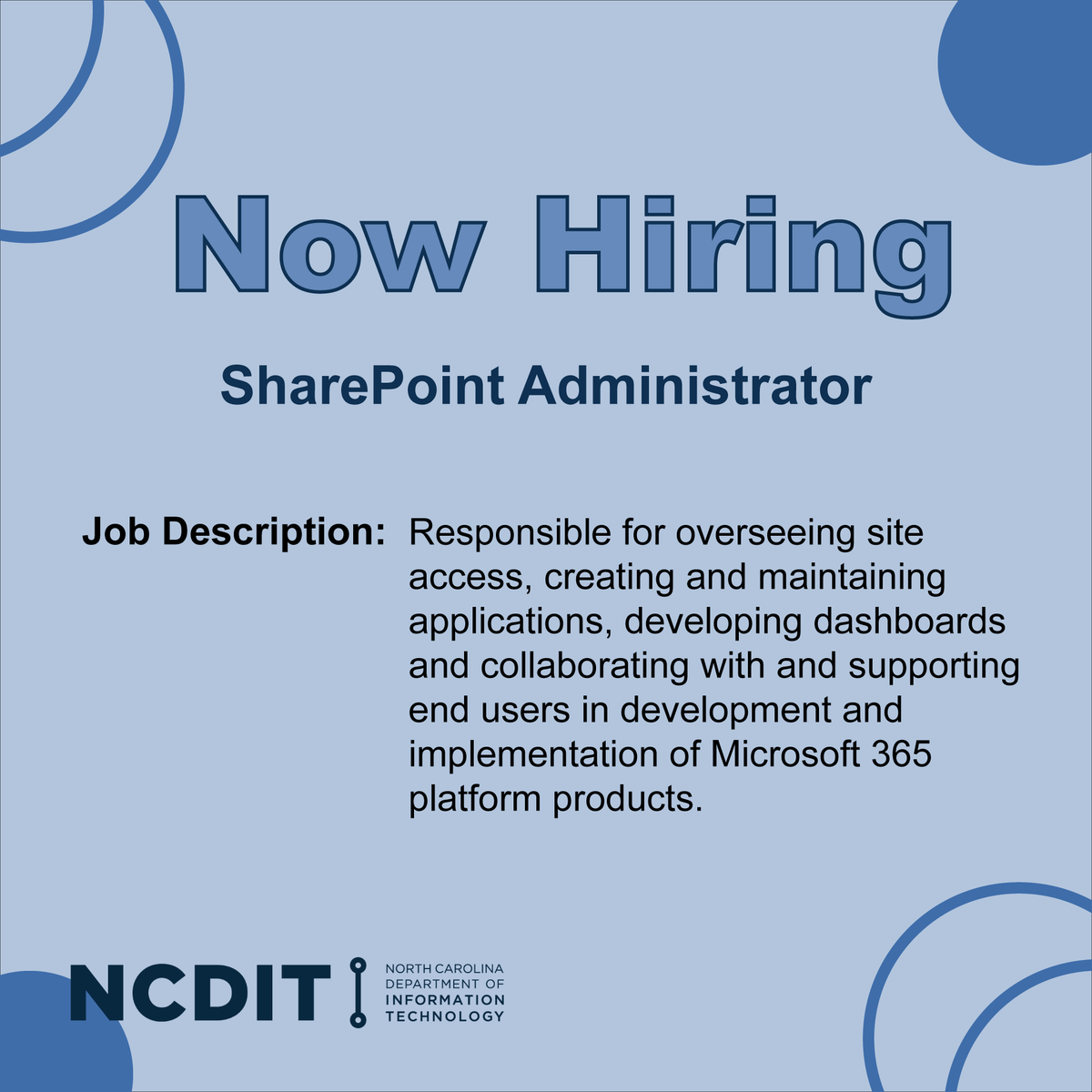 We're #hiring a SharePoint Administrator to be the business, technical & development lead on the Microsoft 365 Online environment & Power Platform products for the Office of State Human Resources. Learn more and apply: governmentjobs.com/careers/northc… #Work4NCDIT #Work4NC #ITJobs #Hiring