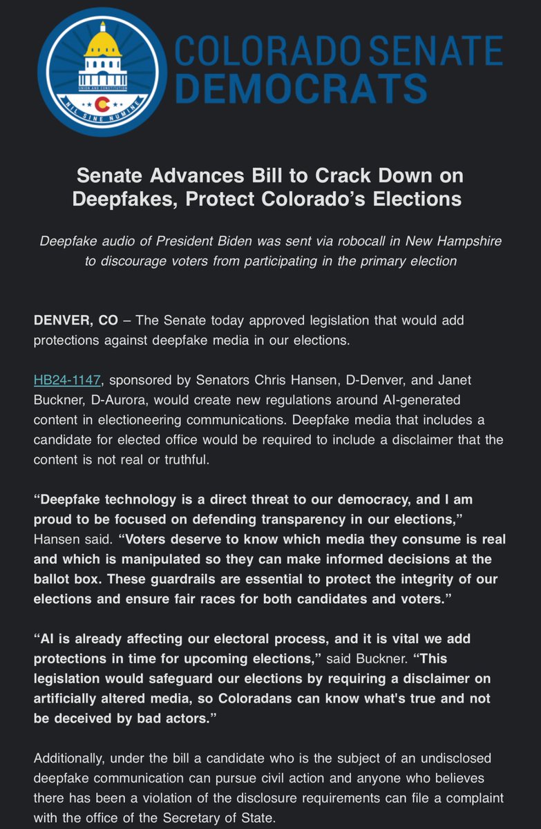 Deepfake technology is a direct threat to our democracy, and I am proud to be focused on defending transparency in our elections. #coleg #copolitics
