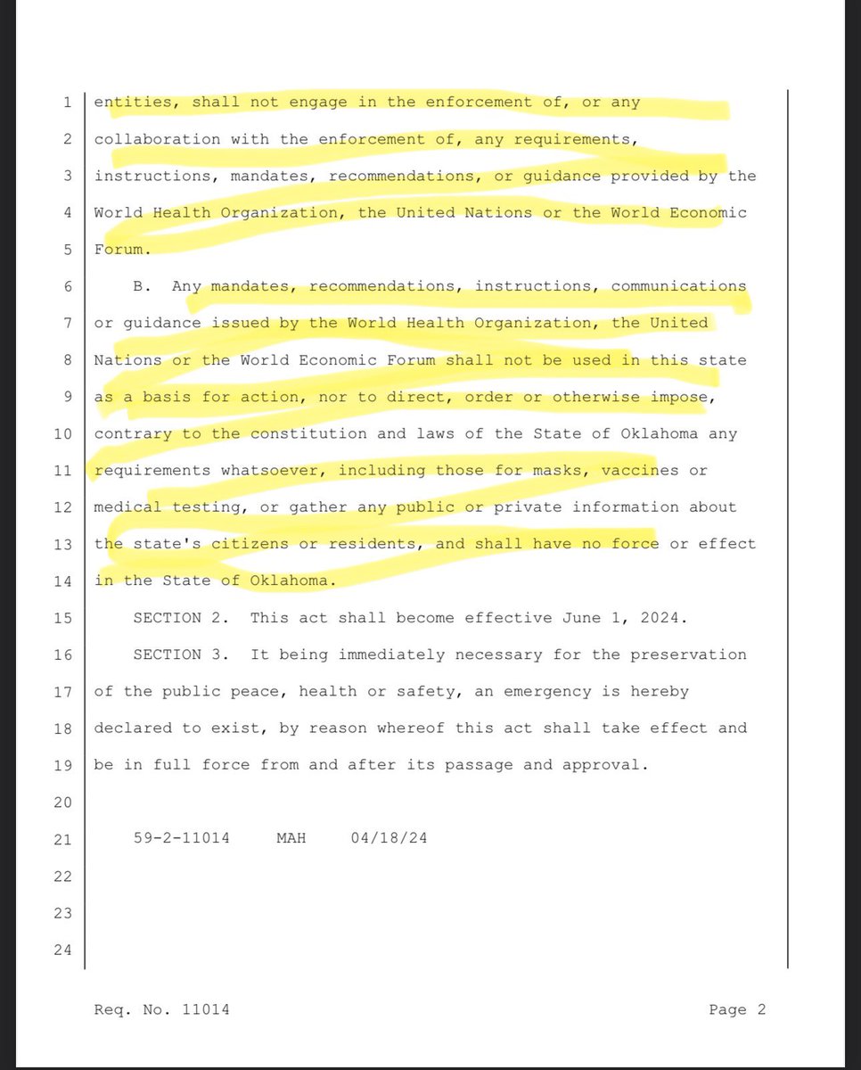 Passed in the Oklahoma House of Representatives, floor substitute for SB 426. Now moving to the Senate.

The WHO and the WEF shall have no jurisdiction in the State of Oklahoma.