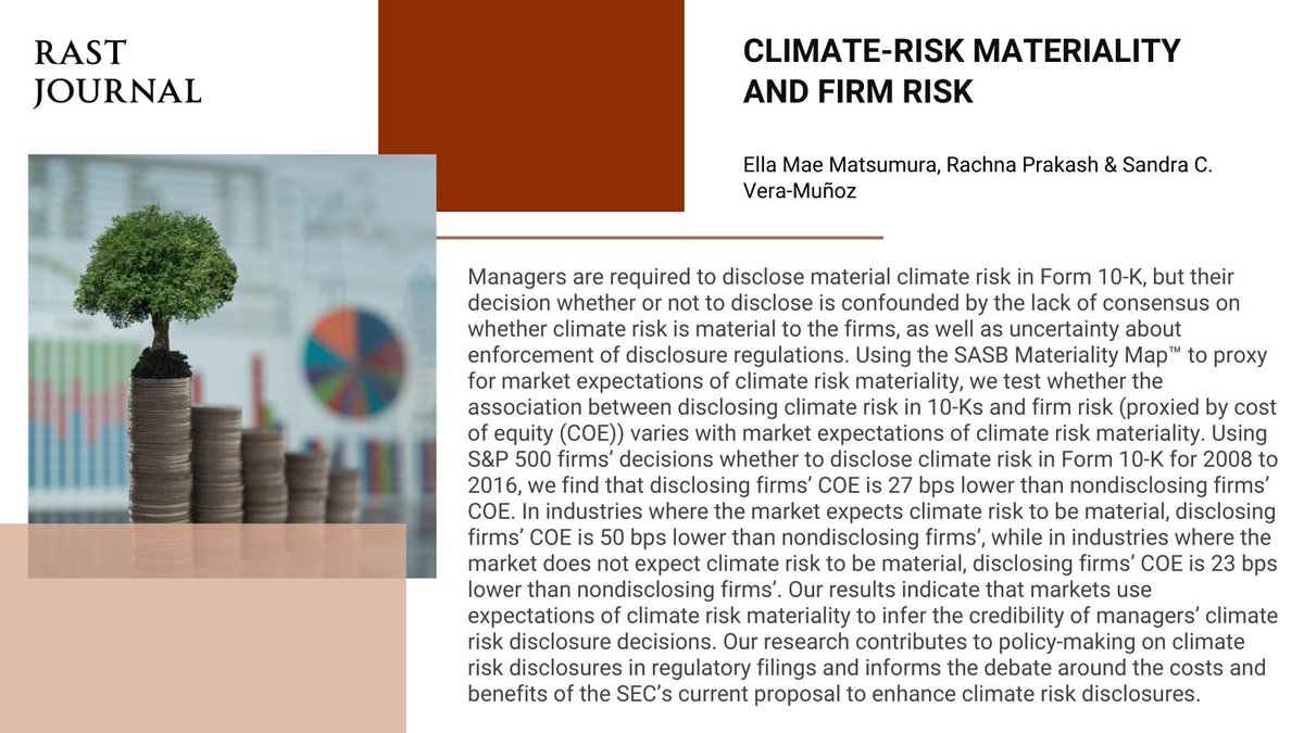 Managers face climate risk disclosure challenges amid consensus & enforcement uncertainty. E. M. Matsumura (@UWBusiness), R. Prakash (@OleMiss) & S. C. Vera-Muñoz (@NDBusiness) show lower COE for disclosing firms, despite significant climate risk. bit.ly/46lZ