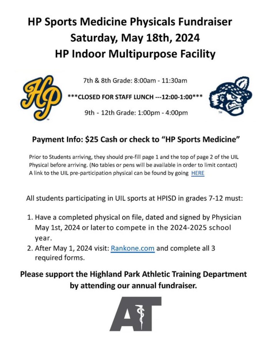 Scottie Nation, don’t forget physicals on May 18th ! It’s our fund raiser and a great opportunity to get those physicals in early ! Also , RankOne forms will be available May 1st!