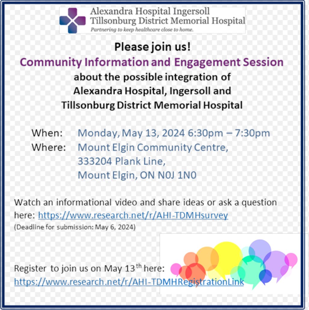 Do you live in Ingersoll or Tillsonburg? Share your thoughts on the possible organizational integration of Alexandra Hospital and Tillsonburg District Memorial Hospital through this online survey and, if possible, attend this engagement session: research.net/r/ahi-tdmhsurv…