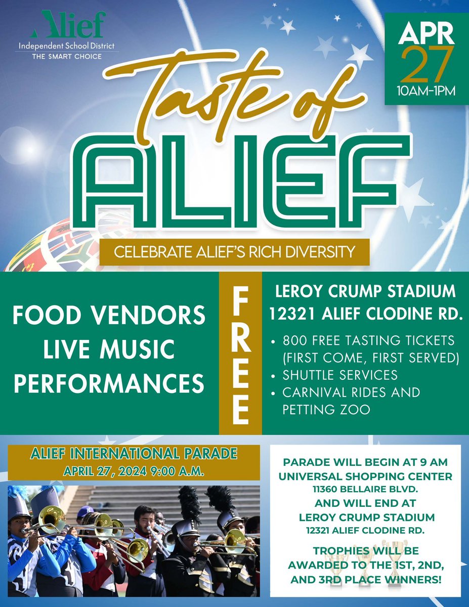 Don't miss out on Taste of Alief! Celebrate our community's rich diversity at Crump Stadium on Saturday, April 27 from 10am to 1pm. Enjoy 800 free tasting tickets on a first-come, first-served basis, plus shuttle services and more! See you there! #TasteofAlief