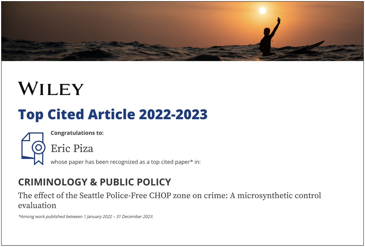 Proud <a href="/ntconnealy/">Nate Connealy</a> &amp; my article "The effect of the Seattle police-free CHOP zone on crime" is a top cited paper in <a href="/CPPJournal/">Criminology & Public Policy</a> from 2022-2023: doi.org/10.1111/1745-9…. For those w/o subscription access an #OpenAccess postprint &amp; research brief available at bit.ly/sea-chop