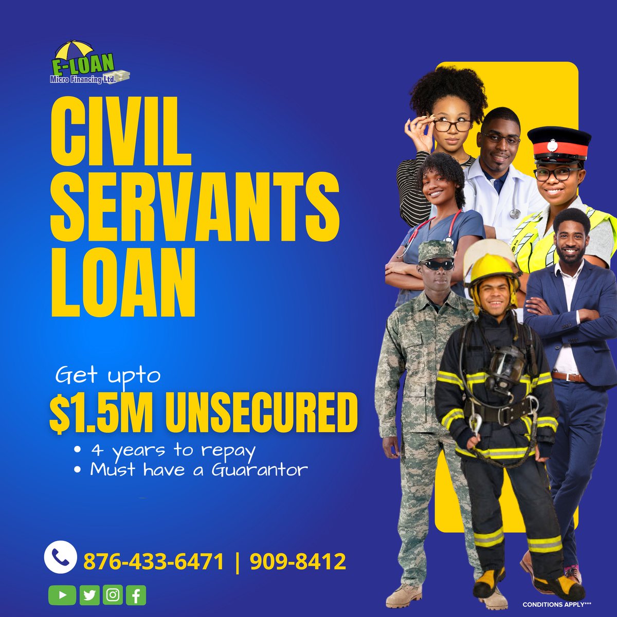 Get up to $1.5 Million with the ease of repayment over four years.

Don't miss out! Apply Today.

#ELoanMFLimited #JamaicaPublicSector #PublicSectorsLoan #eloan876 #businessloans #Montegobayloancompany