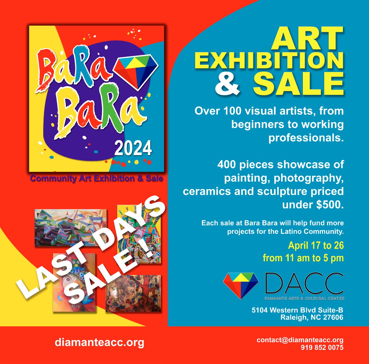 Explore an eclectic showcase of photography, ceramics, sculpture, and painting. Everything in the exhibition is an original work priced under $500. Each sale at Bara Bara will help fund more art projects for the Latino Community