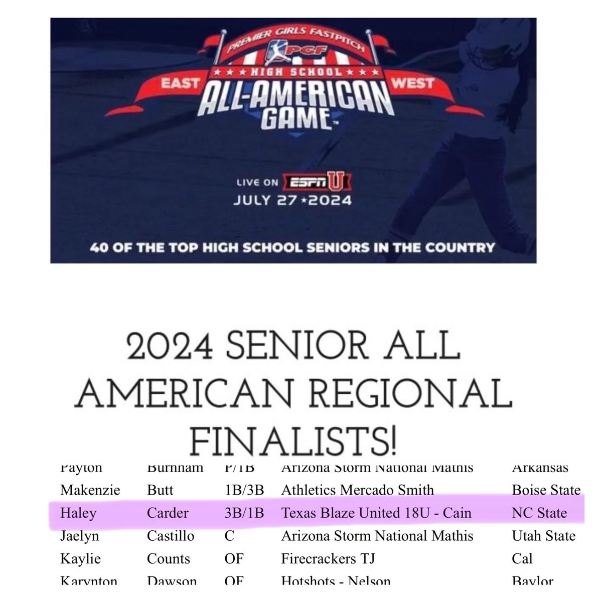 thank you @PGFnetwork for selecting me as a regional finalist!! @PackSoftball @OCONNORSoftball @blaze18united