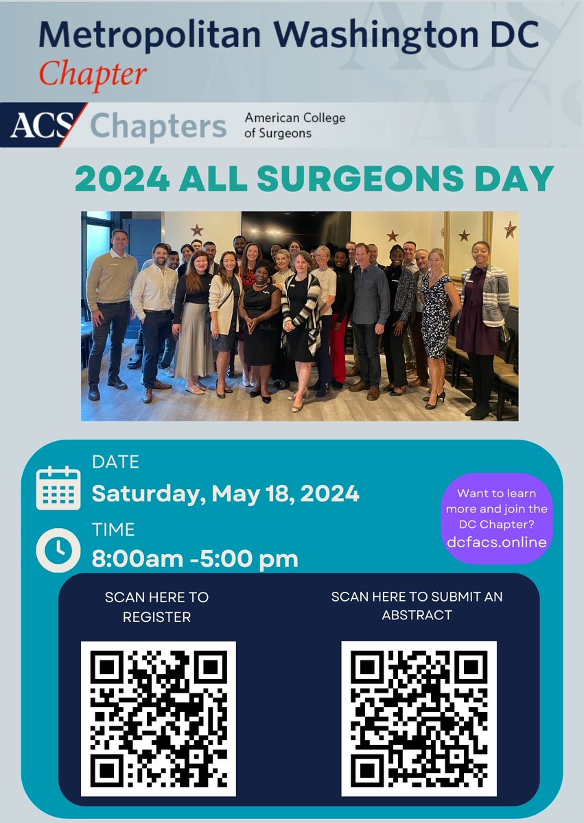 MetroDCACS (@metrodcacs) on Twitter photo Join us for All Surgeon's Day on May 18th: great science, resident competition too! tinyurl.com/DCACSALLSURGEO…
We have CME this year too (7.25 units)! <a href="/DrMaryODonnell/">Mary T. O'Donnell MD FACS FASCRS</a> <a href="/MicheleGageMD/">Michele Gage, MD, FACS</a> <a href="/TrankiemTrauma/">CTTrankiem</a> <a href="/saranimd/">Babak Sarani</a> <a href="/YewandeAlimiMD/">Yewande Alimi MD</a> <a href="/SalimLala/">Salim Lala</a> <a href="/SLBachman/">Sharon Bachman, MD</a> <a href="/JonathanDort1/">Jonathan Dort</a> <a href="/RASACS/">RAS-ACS</a> Join us for All Surgeon's Day on May 18th: great science, resident competition too! tinyurl.com/DCACSALLSURGEO…
We have CME this year too (7.25 units)! <a href="/DrMaryODonnell/">Mary T. O'Donnell MD FACS FASCRS</a> <a href="/MicheleGageMD/">Michele Gage, MD, FACS</a> <a href="/TrankiemTrauma/">CTTrankiem</a> <a href="/saranimd/">Babak Sarani</a> <a href="/YewandeAlimiMD/">Yewande Alimi MD</a> <a href="/SalimLala/">Salim Lala</a> <a href="/SLBachman/">Sharon Bachman, MD</a> <a href="/JonathanDort1/">Jonathan Dort</a> <a href="/RASACS/">RAS-ACS</a>