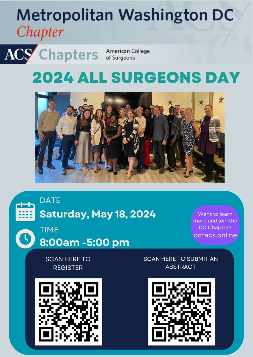 Join us for All Surgeon's Day on May 18th: great science, resident competition too! tinyurl.com/DCACSALLSURGEO… We have CME this year too (7.25 units)! @DrMaryODonnell @MicheleGageMD @TrankiemTrauma @saranimd @YewandeAlimiMD @SalimLala @SLBachman @JonathanDort1 @RASACS