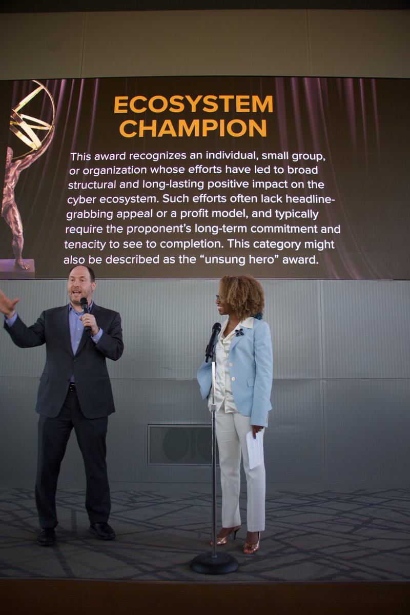 At the inaugural Cyber Policy Awards, co-sponsored by @IST_org and @CyberSecCenter, Ari Schwartz & @KembaWalden announce the winner of the Ecosystem Champion Award is @NISTcyber's team for helping orgs manage cyber risk via a landmark revision to the Cybersecurity Framework.