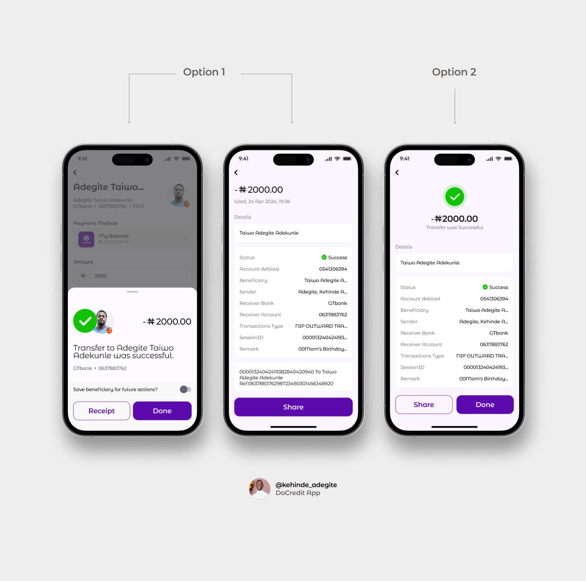 Day 13: Transfer Success/Receipt Screen😍     

i tried to option for this and ill appreciate your choice and possibly your reason for your choice.

Option 1: 2 screens to confirm transfer and receipt
Option 2: 1 screen for both

 #uiux #uidesign #uiuxdesign #uidailychallenge