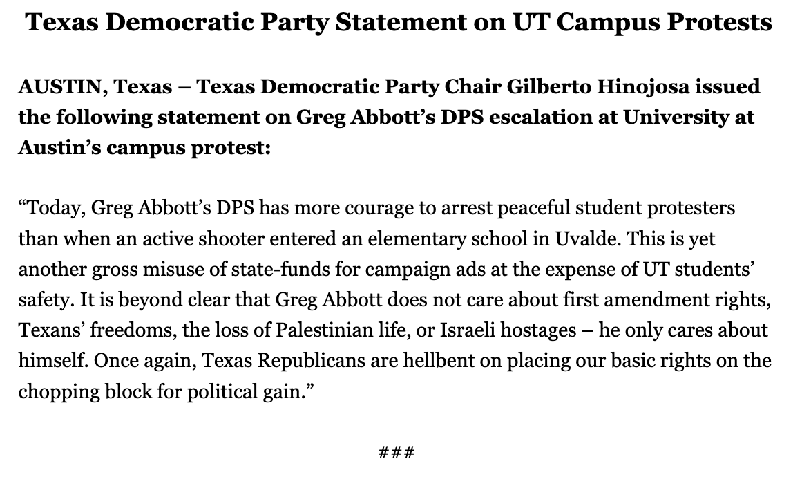 RELEASE: Texas Democratic Party Statement on UT Campus Protests Read more: texasdemocrats.org/media/texas-de…