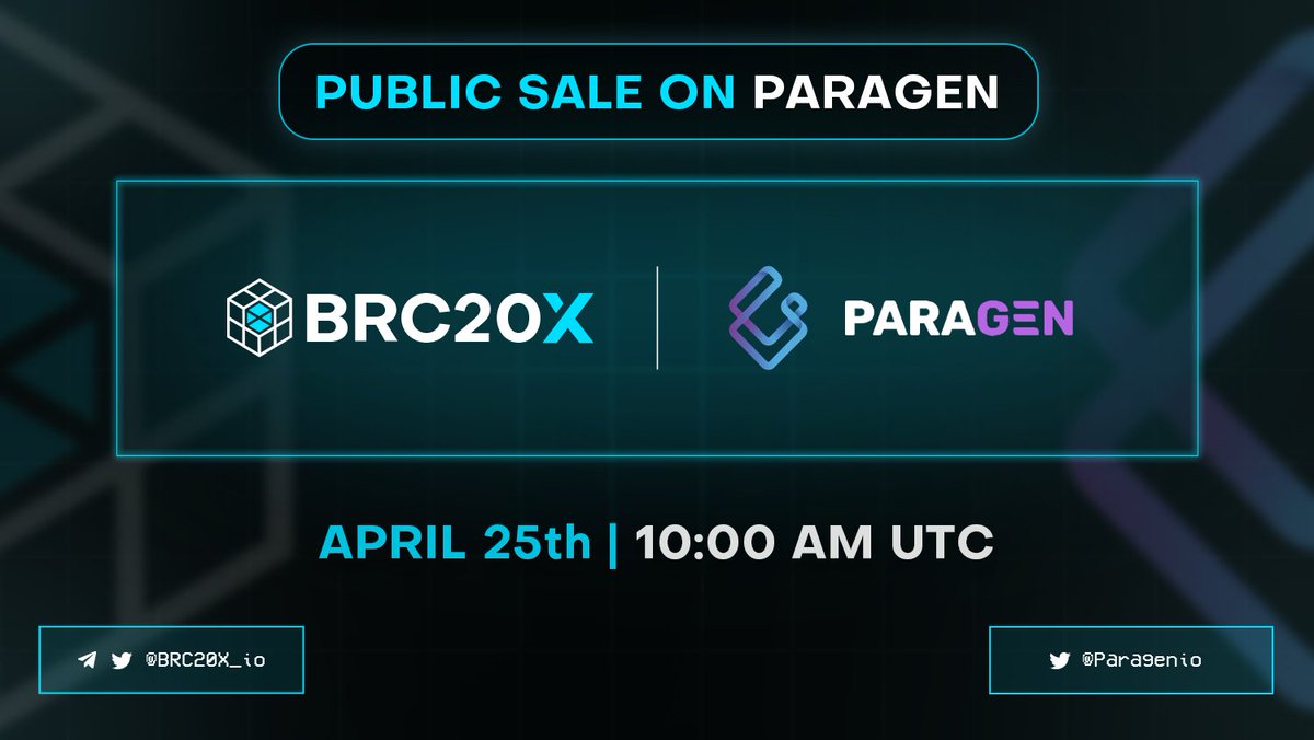 🔥 We're excited for the #PublicSale happening on @paragenio today, April 25th at 10:00 AM UTC!

🔥 To participate, please proceed to the BRCX pool at launchpad.paragen.io/projects/brc-2…

Wishing all participants the best of luck! 🤝

#BRC20 #BTC