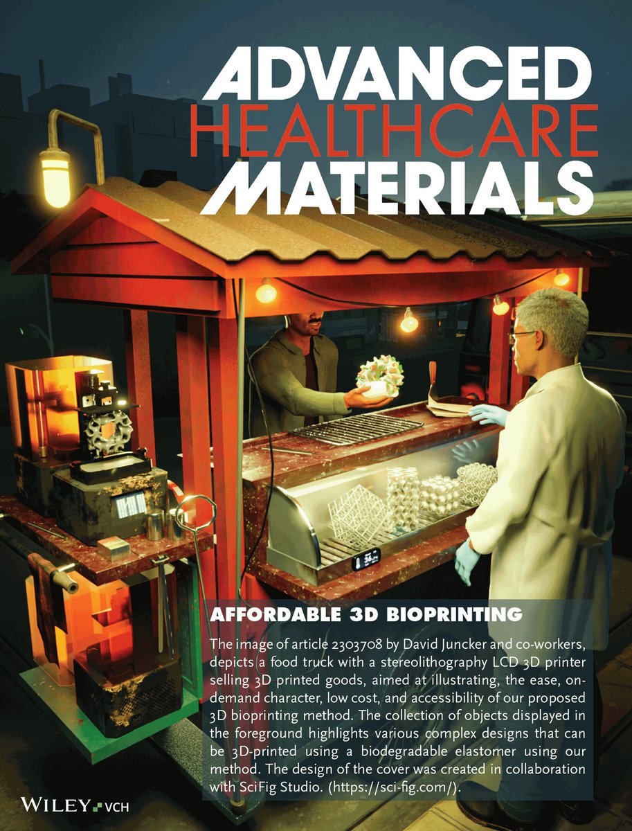 Advanced Healthcare Materials frontispiece from our studio for @DavidJuncker, @VahidKaramZ ,@milicaruoft , and @HoumanSavoji : High-Resolution Additive Manufacturing of a Biodegradable Elastomer with a Low-Cost LCD 3D onlinelibrary.wiley.com/doi/10.1002/ad… @AdvSciNews #sciart