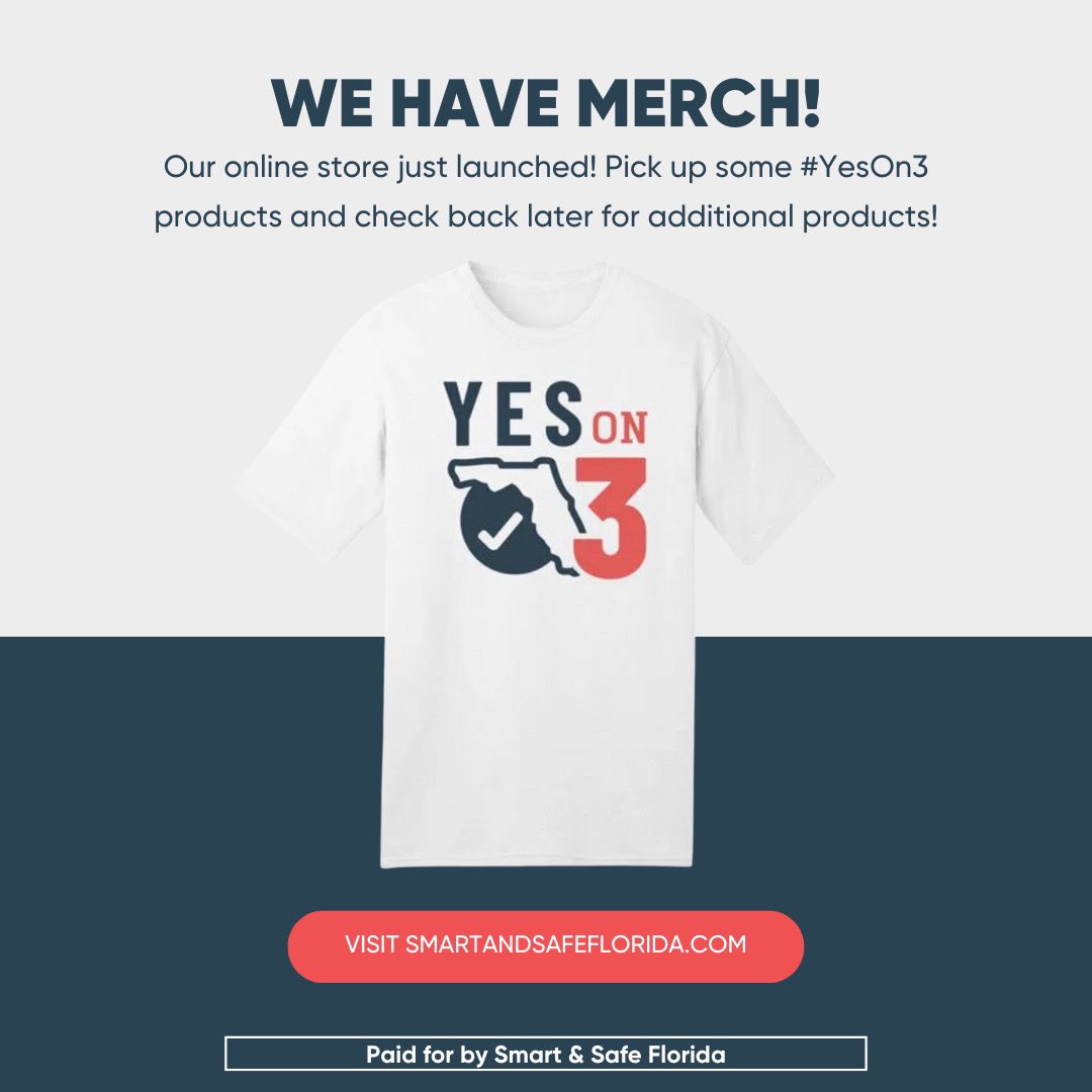 Our online store is LIVE! Shop our exclusive #YesOn3 merch and join the movement for safer cannabis in Florida! More products coming soon! Visit our website now! #YesOn3 #SmartAndSafeFL

smartandsafeflorida.com