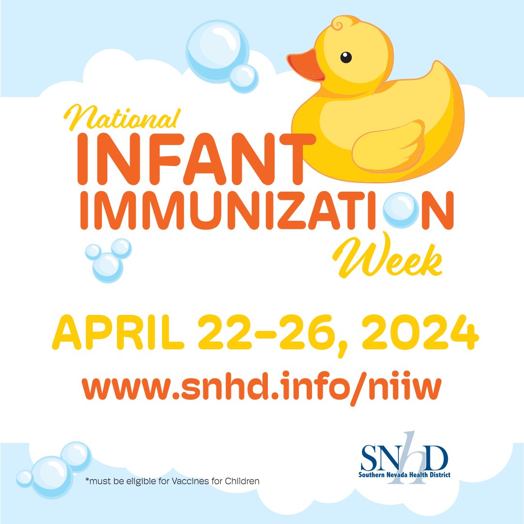 🐣It’s National Infant Immunization Week and SNHD is offering free giveaways. Families getting their children immunized can enter to win exciting prizes! #ivax2protect #niiw bit.ly/3O6dyHt