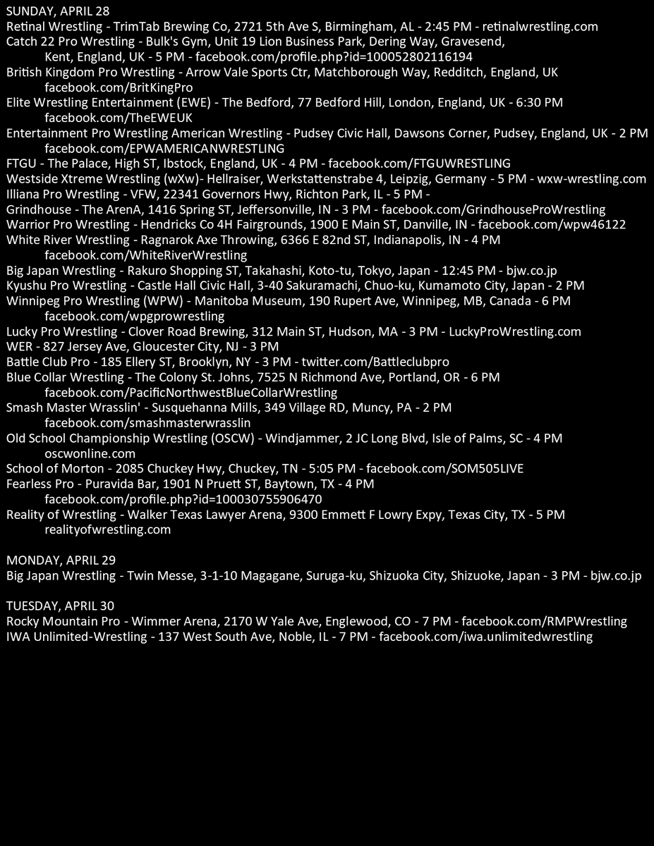 📅 Upcoming #indywrestling events for this week (4/24-5/1)!

#prowrestling #professionalwrestling #independentwrestling 

#PresidentOfWrestling #TrustInPhil #BestPhilinWrestling