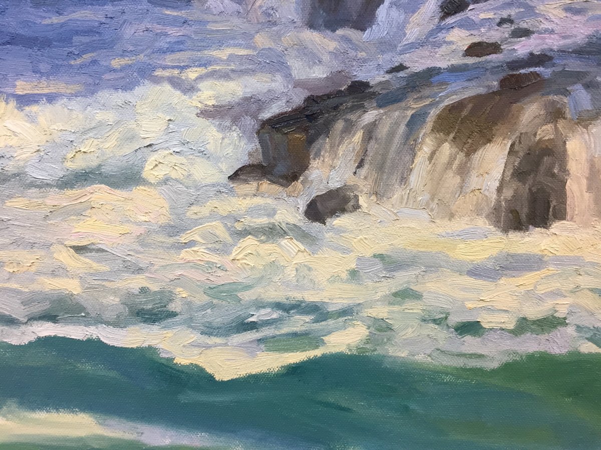 Close-up of work in progress. brianbelfield.com #workinprogress #wip #oceanbeach #sunsetcliffs #sandiego #ocean #seascape #artwork #impressionism