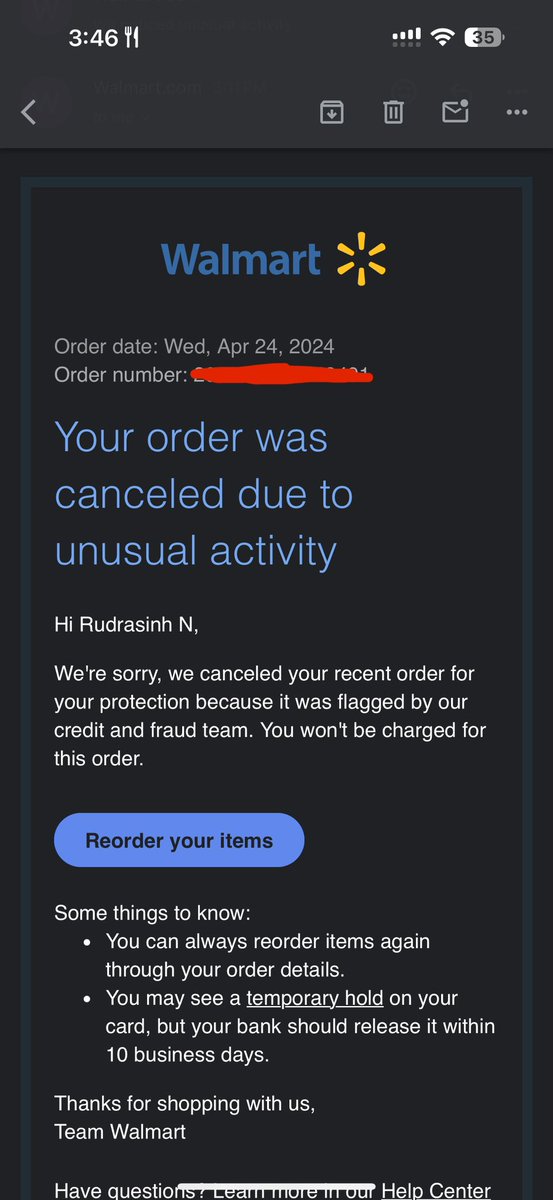 Heads up, Walmart shoppers!

Just had my order cancelled for 'unusual activity' after placing >50 orders (all legit!) and calling customer service 25+ times but nothing seems to work. 

#WalmartHelp #FrustratedCustomer 
@Walmart @WalmartInc @walmarthelp @WalmartCusSer