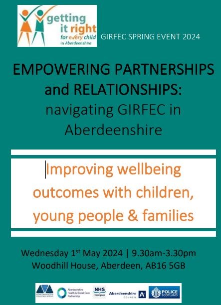 Aberdeenshire #GIRFECEvent Empowering Partnerships & Relationships: navigating GIRFEC in Aberdeenshire🧡Wednesday 1st May - one week to go!  A reminder for those who have already signed up to register for your workshops, registration ends Monday am. 
#workingtogether #thepromise