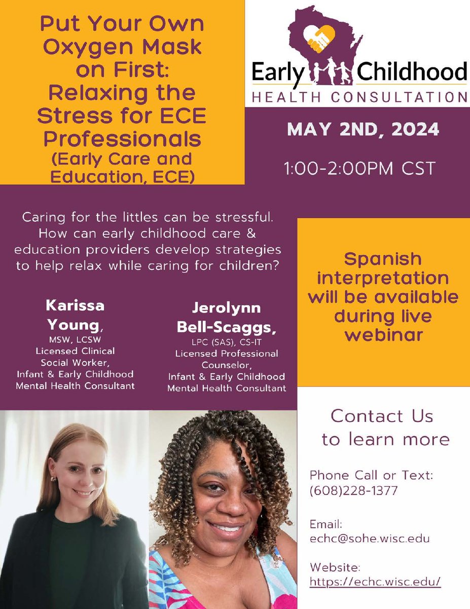 Want to learn more about relaxation and relieving stress as an ECE provider? Join us for our May webinar, “Relaxing the Stress for ECE Professionals,” with guest speakers Karissa Young and Jerolynn Bell-Scaggs. Register here: buff.ly/441pR0e