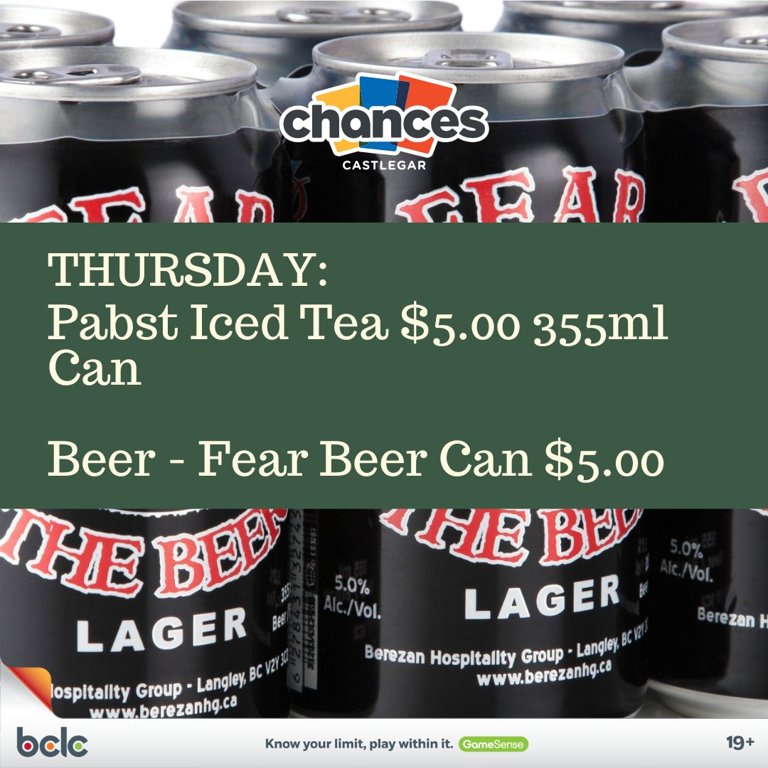Cheers to $5.00 Thursdays! 🍺🍹 Whether you're a beer buff or an iced tea enthusiast, we've got the perfect pour for your evening unwind. Join us and elevate your Thursday vibes! #ThursdayDeals #DrinkSpecials #ChancesCastlegar