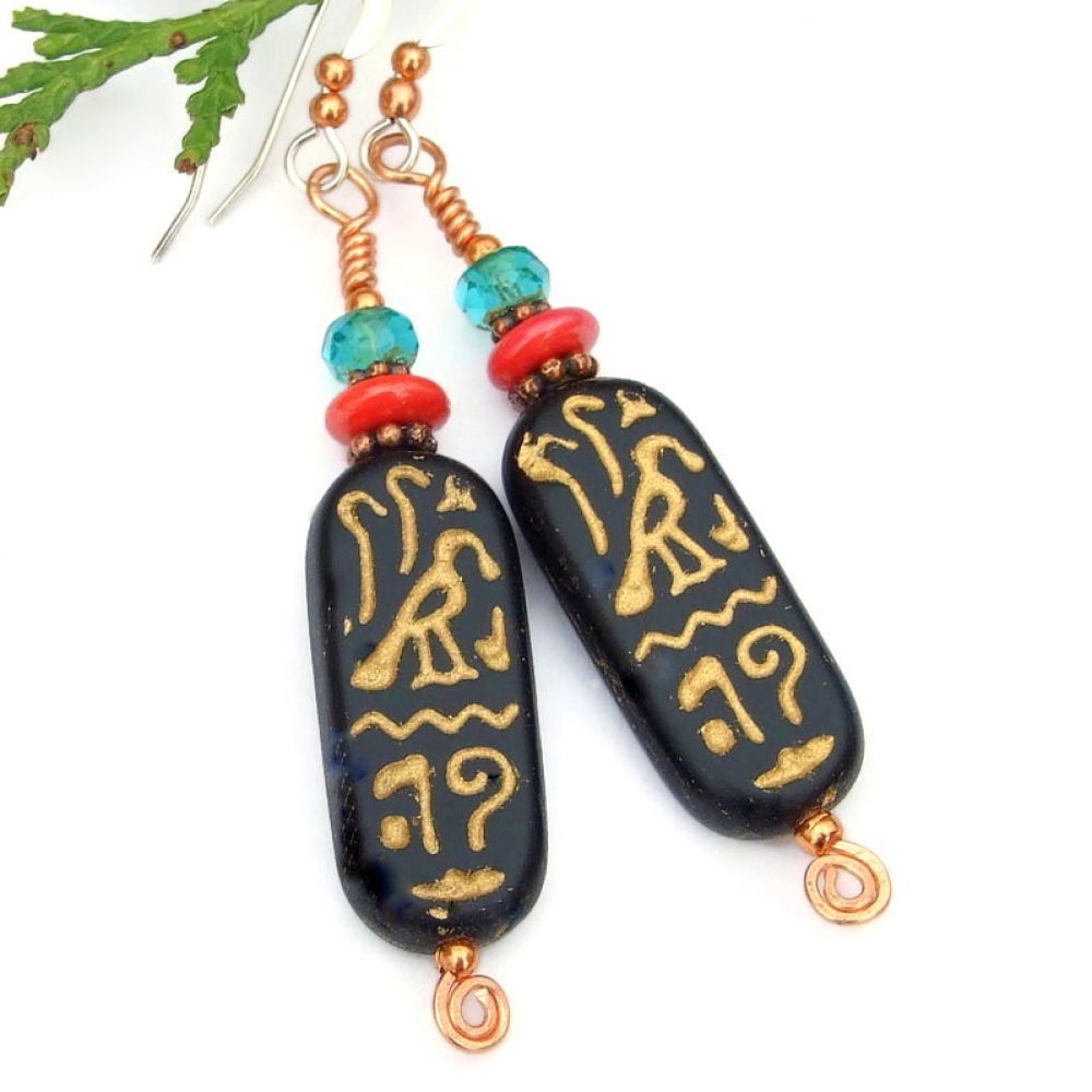 Black & gold hieroglyph earrings w/ coral red & aqua bead accents: great jewelry gift for the Mom who loves all things ancient Egypt! via @ShadowDogDesign #ejwtt #MothersDay #HieroglyphEarrings bit.ly/NekhenSD