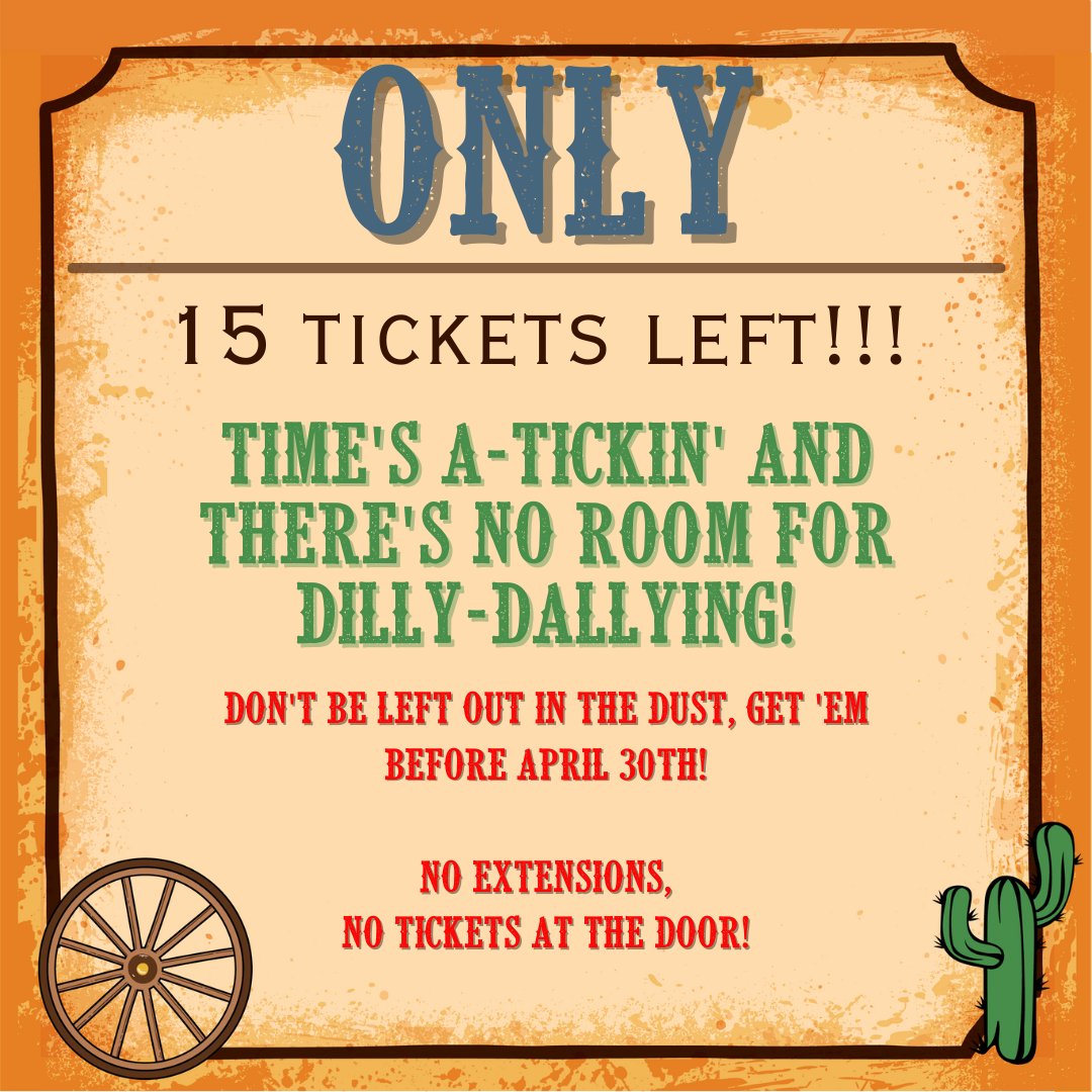 Come and get em'...Only 15 Tickets Left to the wildest hoedown this side of the Mississippi! Sale ends April 30th at midnight!!! NO EXTENSIONS, NO TICKETS AT THE DOOR! 

Save $200 with a Discount Table for your posse. asapc.ejoinme.org/MyEvents/2024W…
