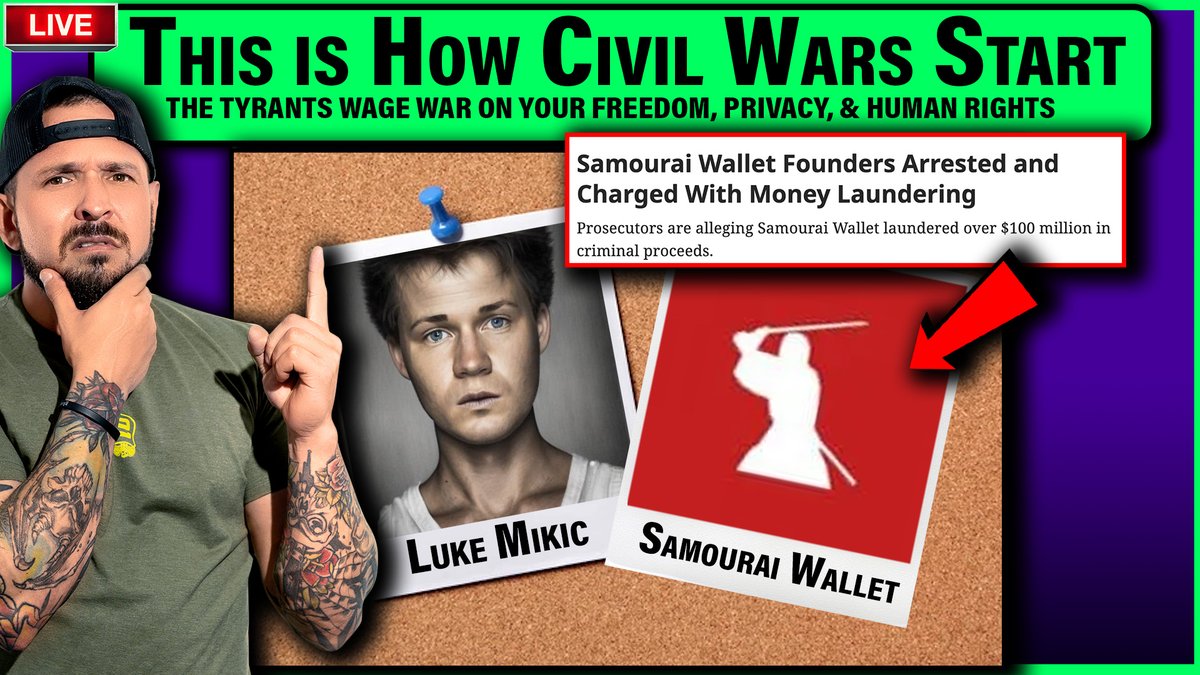 Unconstitutional Government Overreach: @SamouraiWallet Founders arrested and charged with money laundering! Come join @LukeMikic21 and me Tonight at 9pm as we dive deep into the tyrannical overreach and corruption inside the US Government! If you can't find us on YouTube. We took