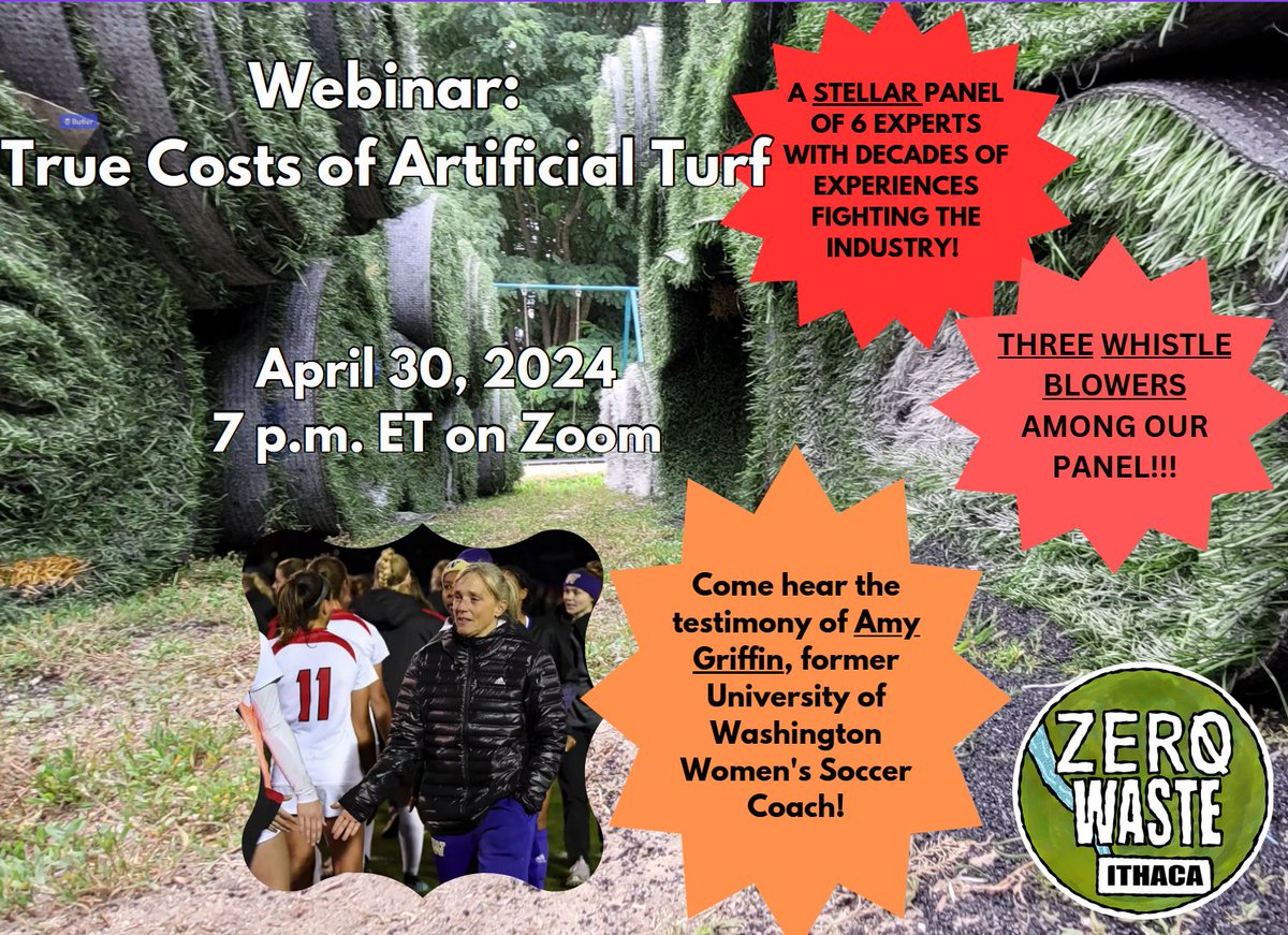 Wrap up Earth Month by joining our webinar on artificial turfs aka plastic grass & take action! Hear the testimony of the former @FIFAWWC player / @uofwa soccer coach Amy Griffin, amongst three whistle blowers, scientists and advocates.