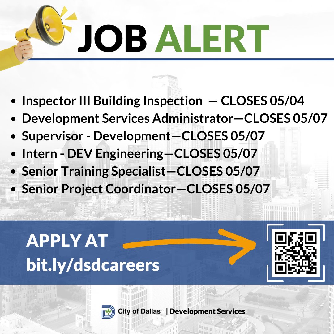 Ready to elevate your career? We're hiring! Check out our latest job openings and join our amazing team. 

Click here to apply today: bit.ly/dsdcareers

#buildingdallastogether #developmentservices #dallaspermits #buildinginspection #cityofdallas #DallasJobs