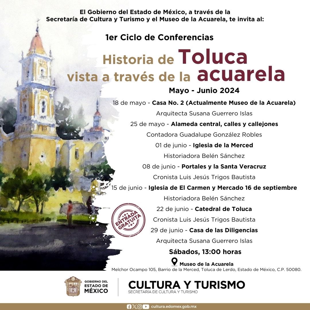 Recuerda que de mayo a junio se llevará a cabo el primer Ciclo de Conferencias sobre #Toluca a través de la técnica de la acuarela. En él se abordarán espacios históricos de la capital #mexiquense. ¡No te lo pierdas!