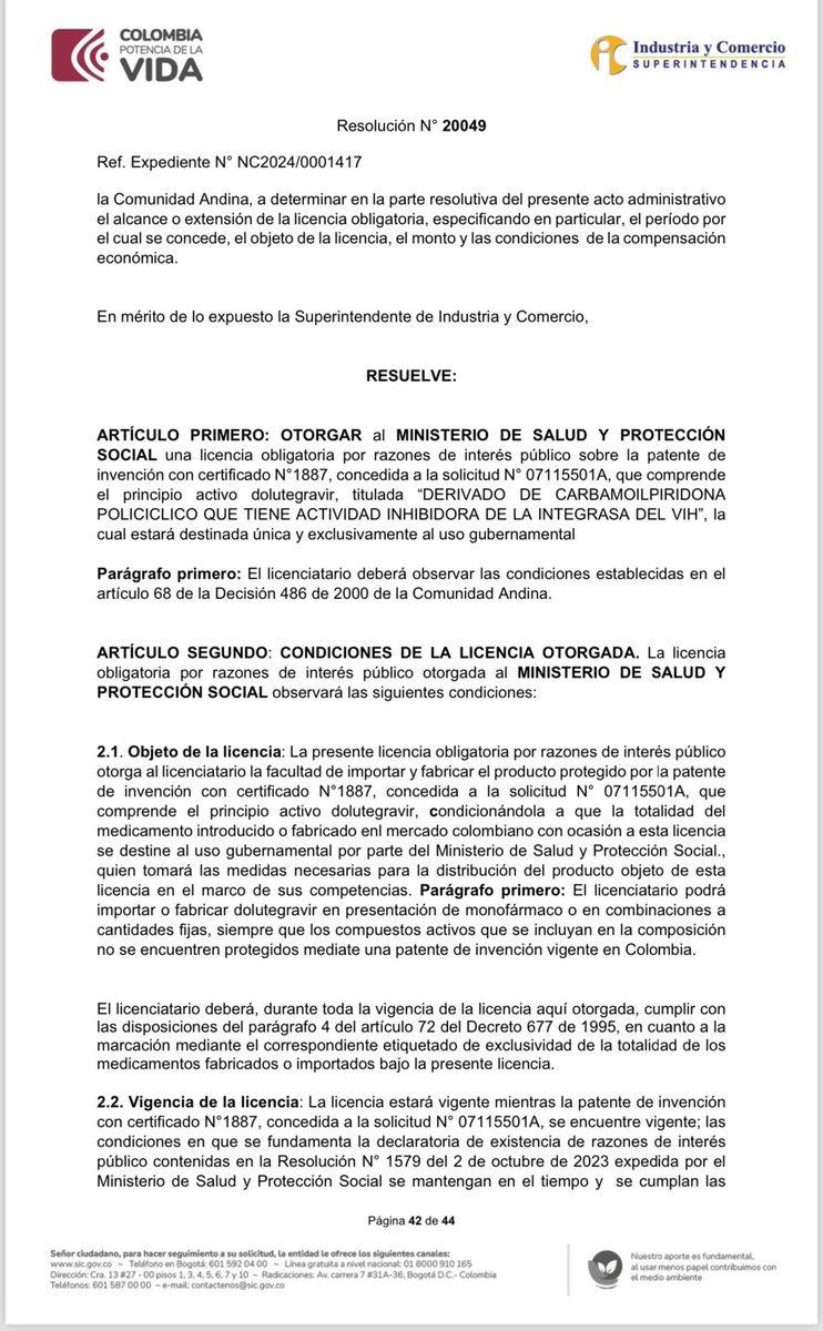 Colômbia emite histórica/primeira licença compulsória para permitir genéricos do Dolutegravir mais acessíveis no país e expandir acesso para pessoas vivendo com HIV/AIDS. Felicidades para o governo colombiana por essa liderança e ato histórico! @MinSaludCol @sicsuper