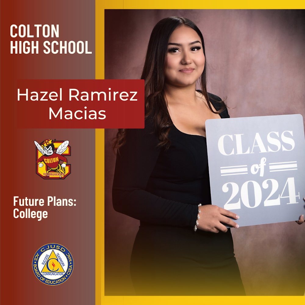 Congrats to Colton High School 🎓 senior Hazel Ramirez Macias, who plans to attend college! We wish you all the best! #CJUSDCares #CHS #Colton 🐝🎉
Seniors, to be featured in our social media #CJUSD Class of 2024 Spotlight, fill out the form at bit.ly/CJUSDsenior2024