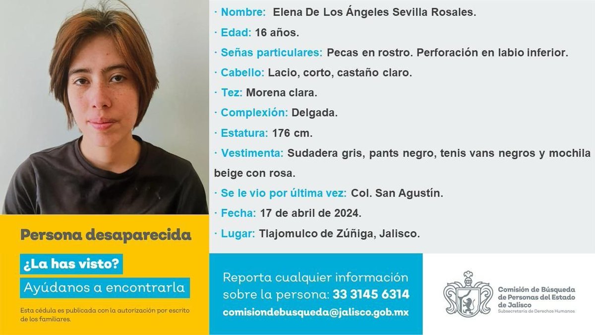 #HastaEncontrarla Se denuncia la desaparición de estudiante Elena de los Ángeles Sevilla Rosales de la Escuela Politécnica Ingeniero Jorge Matute Remus, incorporada a la @udg_oficial. Se le vio por última vez el 17 de abril en la colonia San Agustín, en Tlajomulco de Zúñiga.