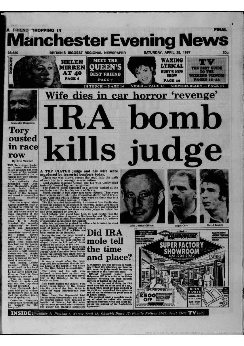 OnThisDayPIRA's tweet photo. #OnThisDay in 1987 the IRA murdered Maurice Gibson, 73 & wife Cecily Gibson, 67, married parents, by car bomb on road, 400 yds inside Killeen border, as the senior judge & his wife drove home to Drumbo, from DΓΊn Laoghaire ferry after holidays in Devon
https://t.co/k7ivnoGcNu #OTD https://t.co/CZ24T8vzUq