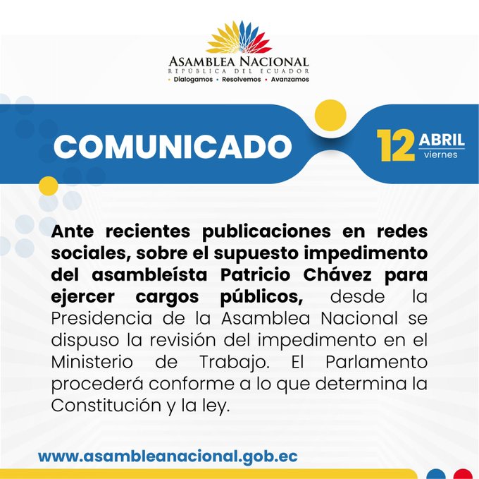 #ATENCION El correismo podría perder otro asambleista. La presidencia dela @AsambleaEcuador dispone investigar a Patricio Chávez de #RC5 quien no estaría facultado para ocupar una curul debido a una situación judicial